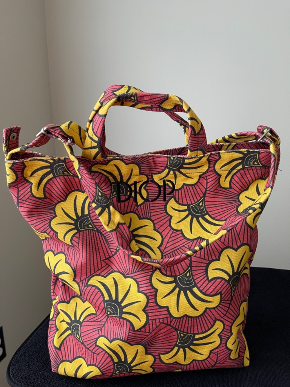 NWOT...DIOP...Printed Canvas Tote Bag in Yellow & Red